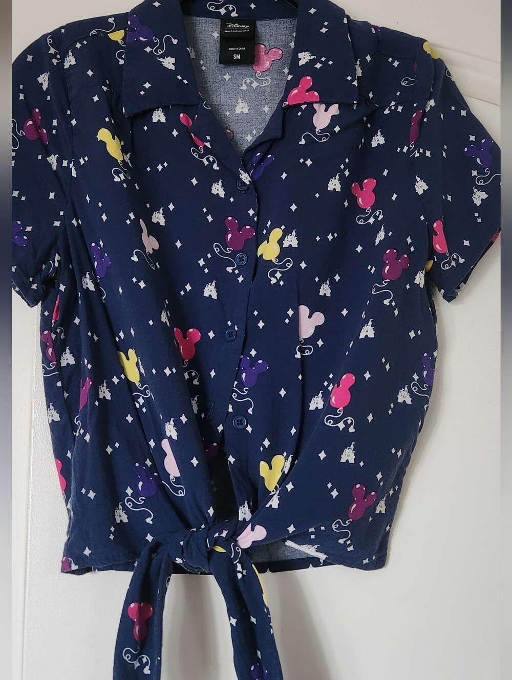 Disney Women’s Navy Tie-Front Short Sleeve Cropped Top with Mickey Baloon Print